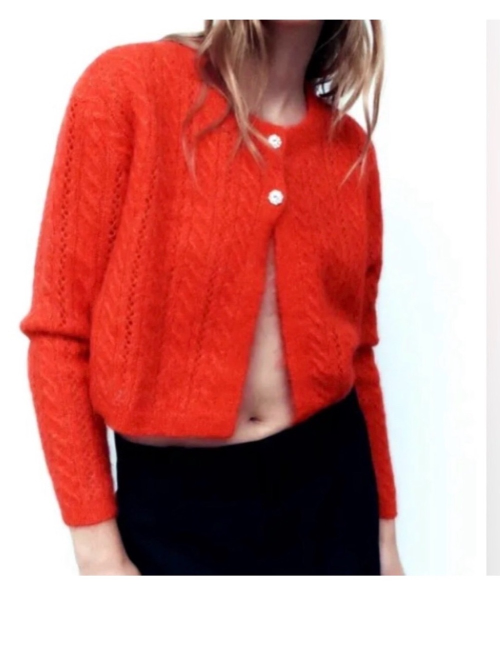NWT Zara Red Alpaca Wool Blend Crop Cardigan Rhinestone Buttons Sz M - Picture 2 of 8